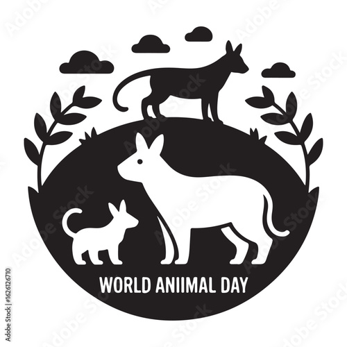 Black and white graphic of animals celebrating World Animal Day.