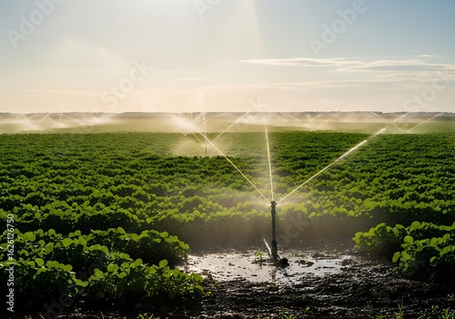 Irrigation system watering green field with crops on farm, providing water source for agriculture and cultivation in summer