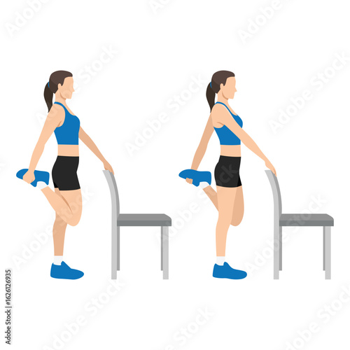 Standing Quad Stretch Using Chair Support. Flat vector illustration isolated on white background