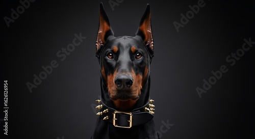 Doberman Pinscher with Spiked Collar, Intense Gaze, and Dark Background