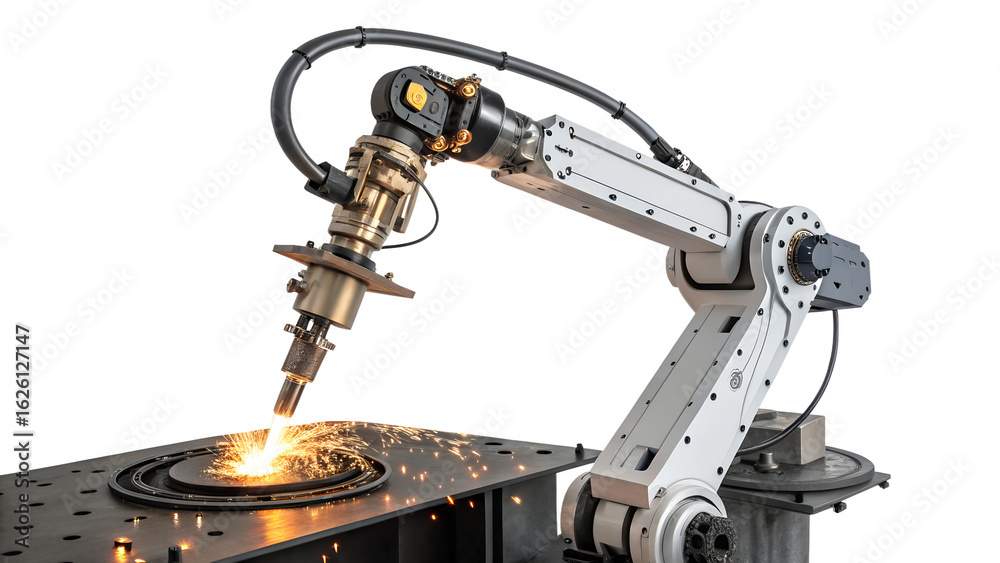 Fototapeta premium A robotic welding arm in action, showcasing precision and automation in a modern industrial setting isolated on transparent background