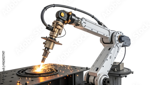 A robotic welding arm in action, showcasing precision and automation in a modern industrial setting isolated on transparent background