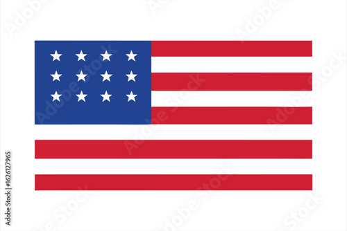 Vintage american flag with 13 stars in a circle and red and white stripes, representing early american history and heritage, isolated on a white background