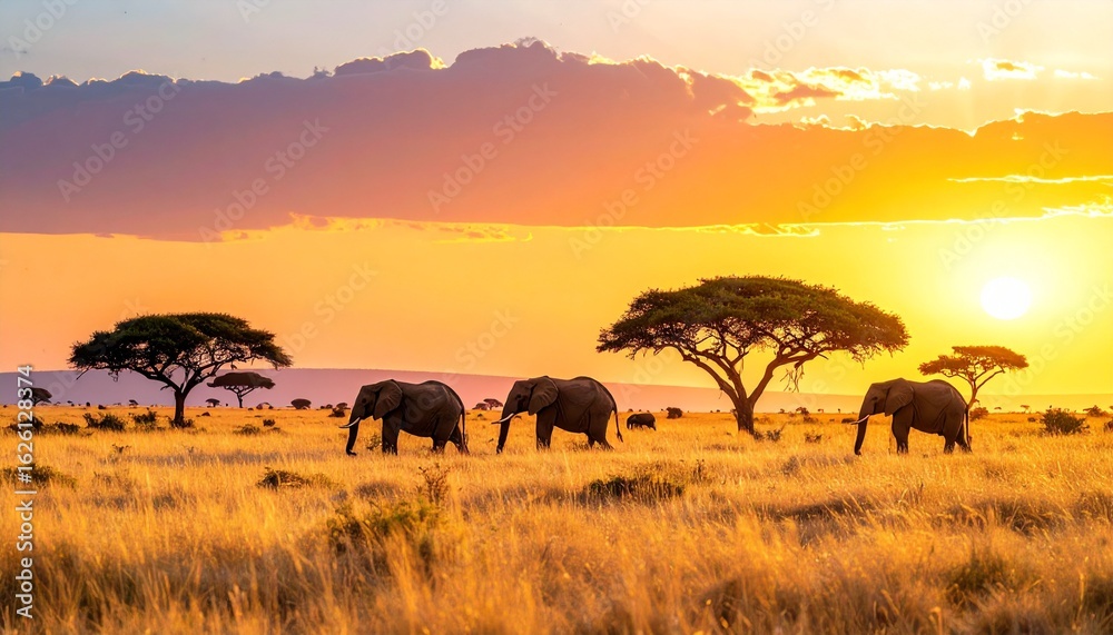 Obraz premium Elephants at sunset in African savanna view.