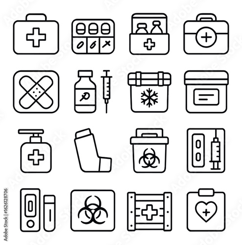 Medical linear icon set. containing first aid, pills, vaccine, syringe, bandage, biohazard, heart, more.