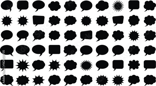 Collection of diverse black speech bubble and starburst shapes in a neat grid pattern silhouette
