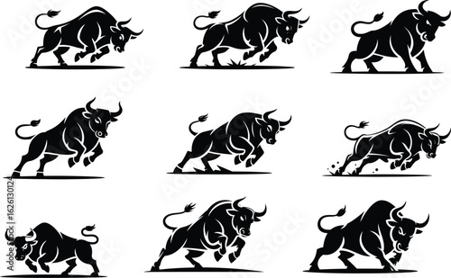 Collection of nine dynamic bull silhouettes in various aggressive charging poses and stances silhouette