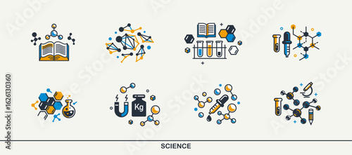 Science vector detailed icons set, school and university education bundle, scientific study and research, physics and chemistry.
