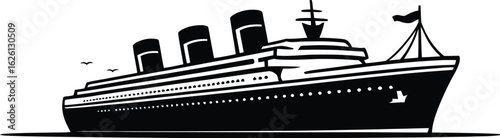 Vintage ocean liner passenger ship sailing on the water with multiple smokestacks silhouette