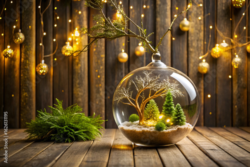A beautiful glass terrarium containing a miniature tree and moss sits on a wooden surface, illuminated by warm fairy lights and festive bokeh