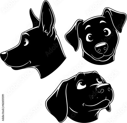 Three Adorable Dog Head Silhouettes German Shepherd, Labrador, and Mixed Breed