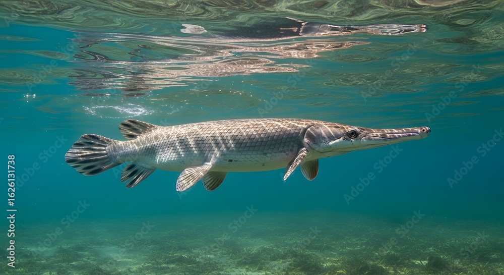 Obraz premium A majestic alligator gar swims just below the calm surface of clear, sunlit freshwater, its reflection shimmering above. A serene underwater wildlife portrait.