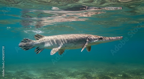 A majestic alligator gar swims just below the calm surface of clear, sunlit freshwater, its reflection shimmering above. A serene underwater wildlife portrait.