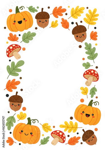 Halloween Border Frame.Playful Autumn Harvest PNG on Transparent Background.Charming Pumpkins, Acorns & Mushrooms for Children's Content & Seasonal Marketing