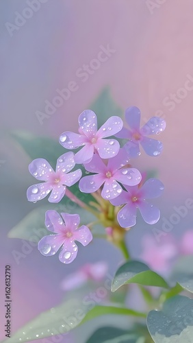 Delicate lavender flowers covered in sparkling dew drops against a soft pastel background.