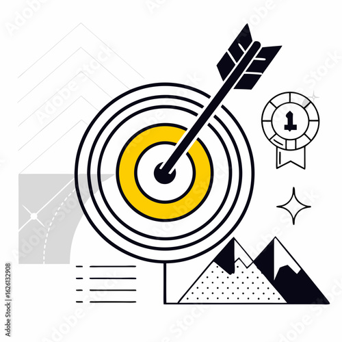 Business target and goal achievement concept, arrow hitting the center of a target, vector illustration, success, strategy.

