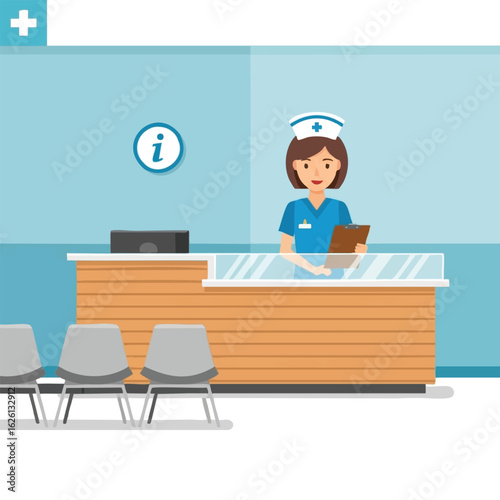 A friendly nurse stands at a hospital reception desk, ready to assist patients.