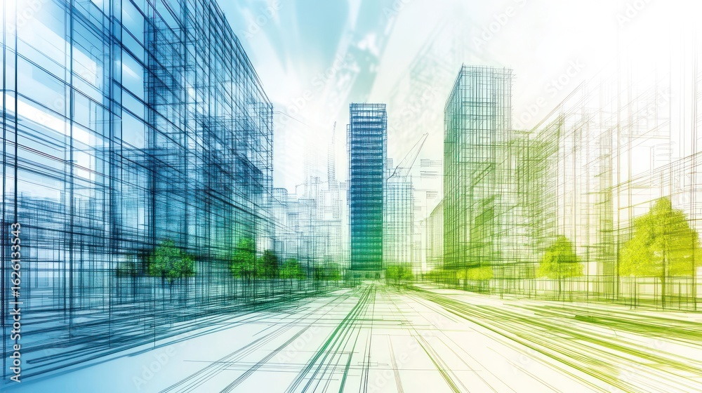 Fototapeta premium Architectural digital illustration of a city street with futuristic, translucent skyscrapers and vibrant outlines.