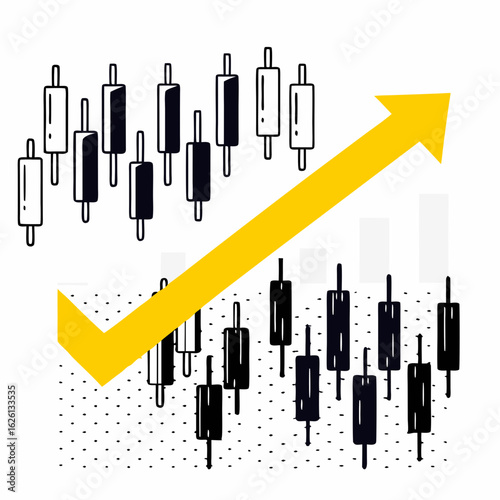 A large upward yellow arrow bisecting a financial chart with black and white candlestick bars, symbolizing concepts of stock market growth, positive investment trends, and business success in a minima