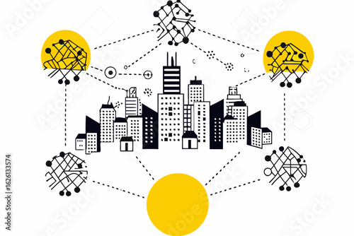 A centralized cityscape connected to a network of abstract artificial intelligence and technology nodes, symbolizing concepts of smart city development, urban innovation, and the future of technology 