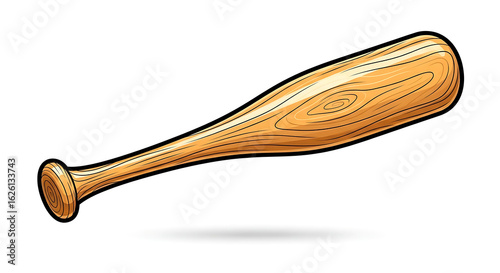 A detailed illustration of a traditional wooden baseball bat with a visible wood grain texture, isolated on a white background.