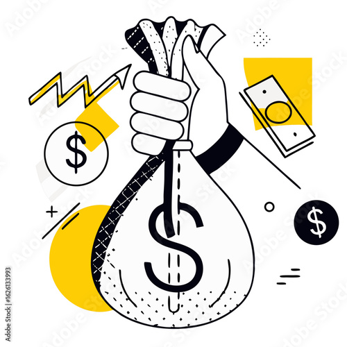 Financial Growth and Investment Income Concept. Hand Holding a Heavy Money Bag with Dollar Sign, Surrounded by Growing Charts and Dollar Coins. Vector Illustration.

