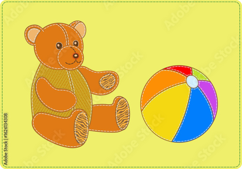 Patchwork imitation. Teddy bear and colorful ball. 