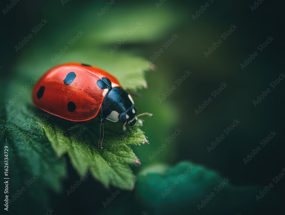 Fototapeta premium Close-up of ladybug on vibrant leaf