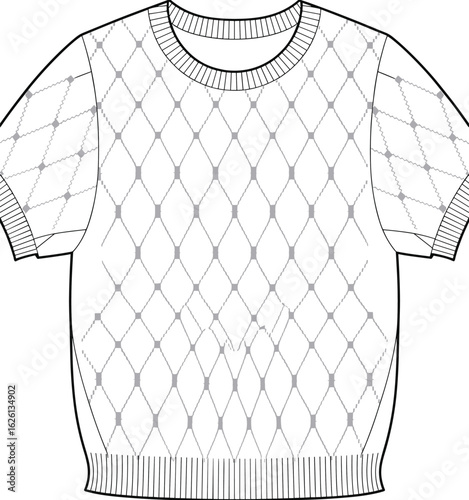 Cad drawing flat vector illustration of short sleeve knitted sweater, fashion garment design for textile pattern, apparel manufacturing template