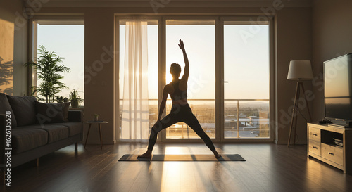 Background morning yoga routine at home for wellness and fitness with sunlight and modern apartment background