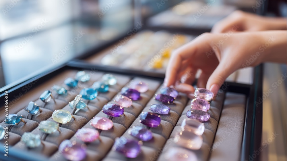 Fototapeta premium customer admiring pastel gemstone rings in boutique with natural light