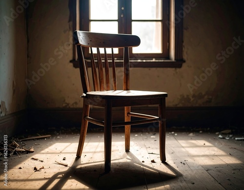 Sunlit wooden chair in a dilapidated room