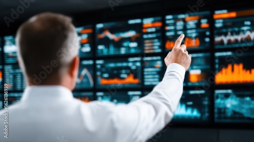 Financial analysis at a glance: The financial analyst studies intricate charts and data displayed on multiple screens. Illustrating expertise in financial planning and investment.