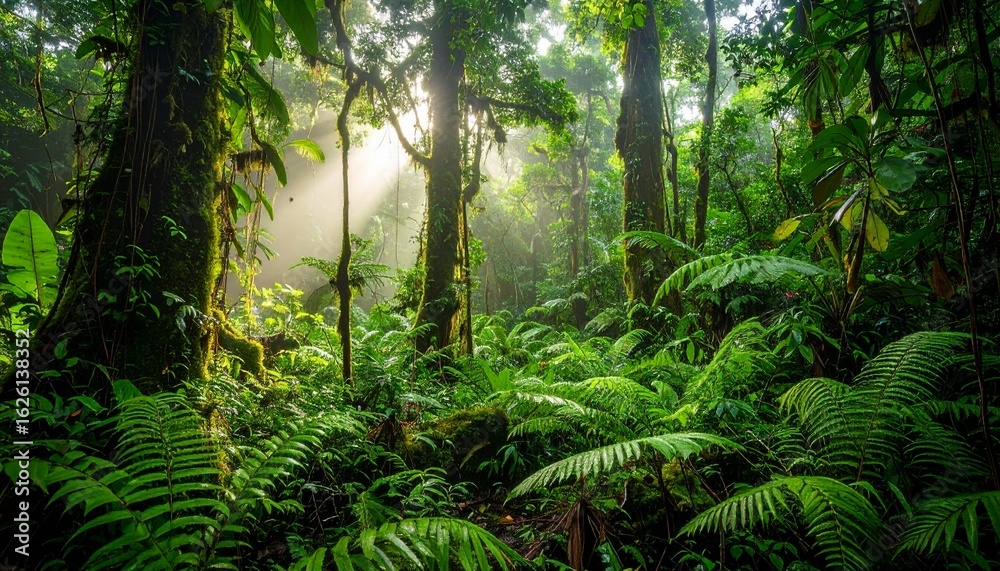 Fototapeta premium Sunlight beams through lush rainforest foliage.