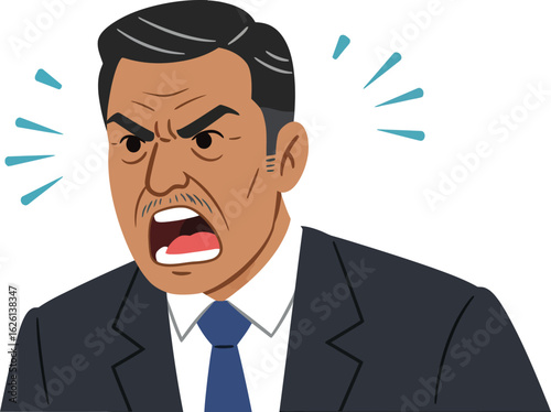 Angry businessman shouting, expressing frustration and anger.