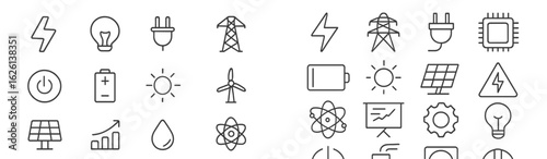 Energy icons representing electricity, renewable sources, and sustainable technology for modern applications and education