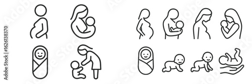 Illustrations of motherhood and early childhood milestones depicting pregnancy, infant care, and bonding moments in simple line art style