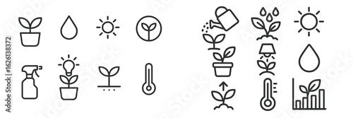 Gardening icons representing plant care, growth, and environmental elements in a decorative layout