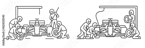 Pit crew performs tire changes during a high-speed racing event at a grand prix circuit in the afternoon