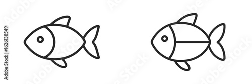 Simple line drawings of two fish in side view showcasing different designs and orientations