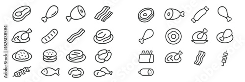 Various types of meats and foods illustrated in simple line art on a white background in an organized layout