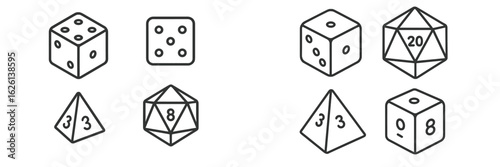 Different types of dice displayed including standard and polyhedral dice used for tabletop games