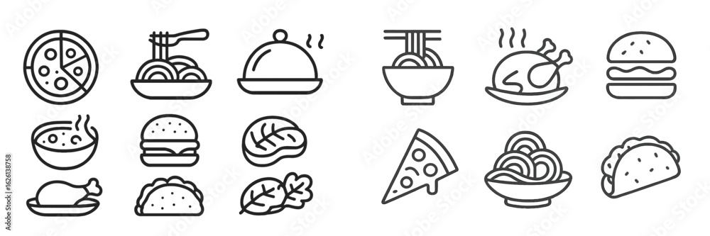 Delicious variety of food icons showcasing popular dishes including pizza, burgers, and noodles Delicious variety of food icons showcasing popular dishes including pizza, burgers, and noodles