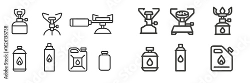 Collection of camping gas stove tools and fuel containers arranged in a flat layout for outdoor cooking enthusiasts