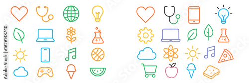 Colorful icons of health, nature, technology, and fun in a vibrant design