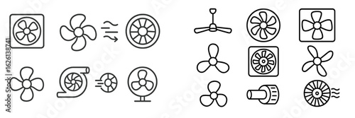 Different types of fans illustrated in a clean, minimalist style showcasing various designs and functions in a single layout
