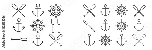 Nautical symbols including anchors, oars, and steering wheels arranged in a repeating pattern for marine-themed design