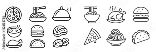 Delicious variety of food icons showcasing popular dishes including pizza, burgers, and noodles