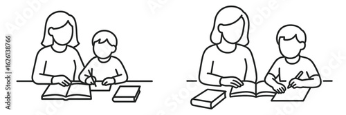 Mother and child engaged in educational activities at home focusing on learning