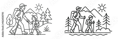 Family hiking together in a beautiful forest during a sunny day in the mountains